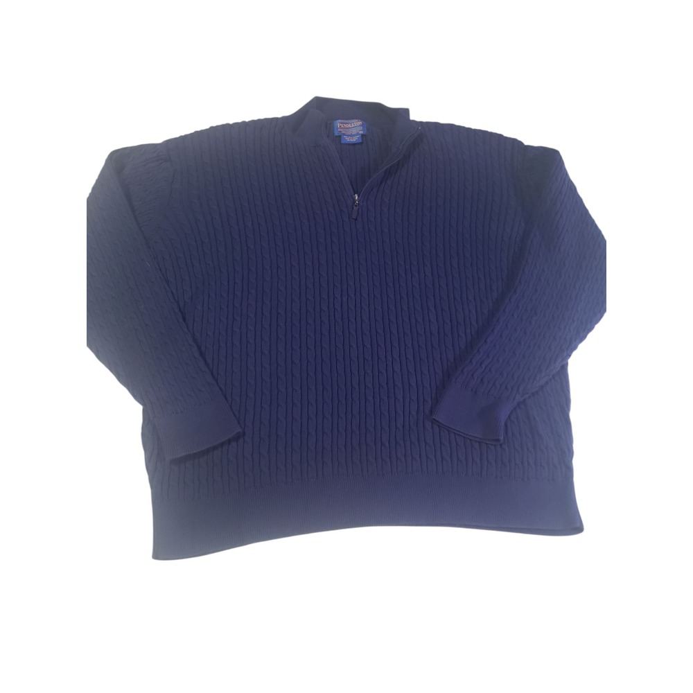 Pendleton Sweater Mens XL‎ Navy Blue 1/4 Zip Cable Knit Pima Cotton Pullover